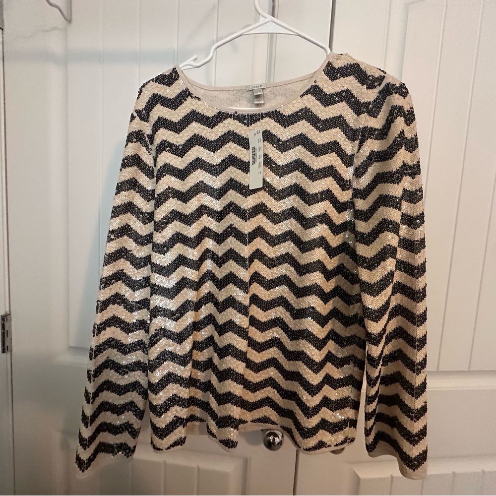 NWT- J.Crew Black and Cream Chevron Sequin Blouse